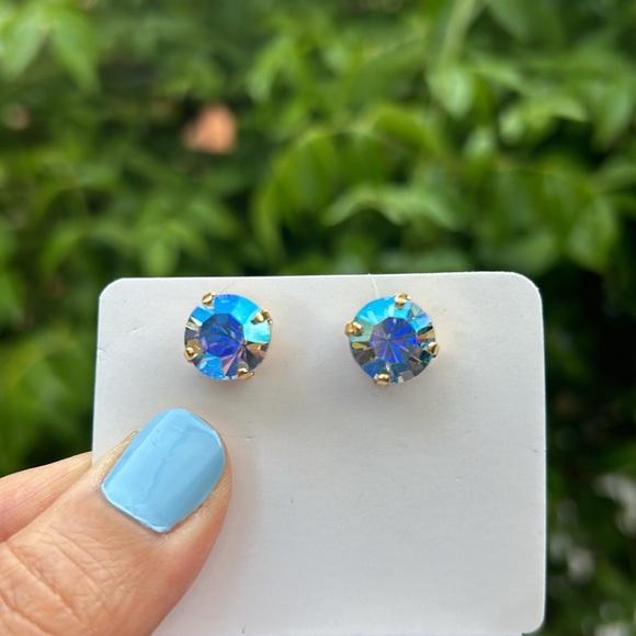 Iridescent Blue + Gold Crystal Earrings - Picture 12 of 16